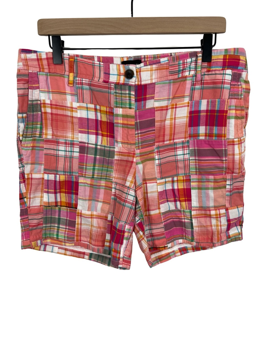 Talbots Multicolor Patchwork Plaid Jean Shorts - Coral Pink Green Blue
